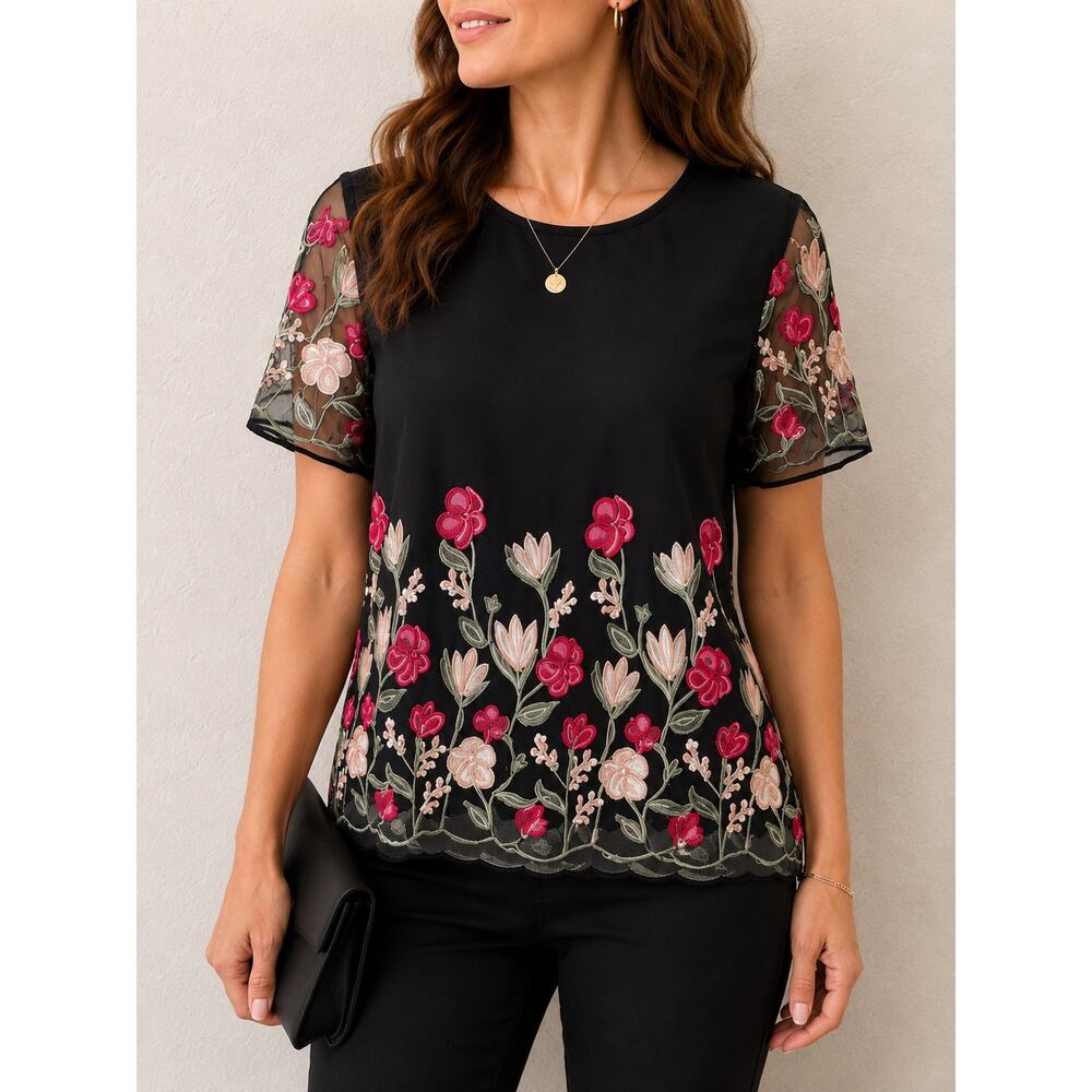 EST 1946 Black Floral Embroidered Mesh Top Sheer Fairycore Romantic Boho Medium